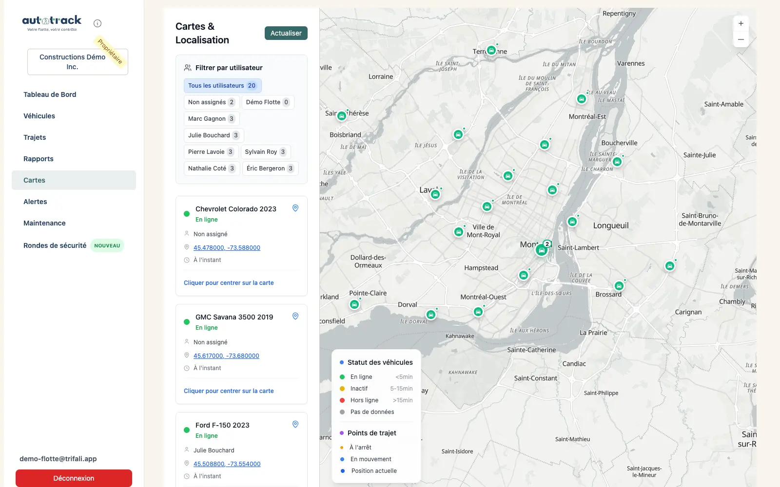 La carte AutoTrack en temps réel : 20 véhicules de la flotte autour de Montréal, sur ordinateur