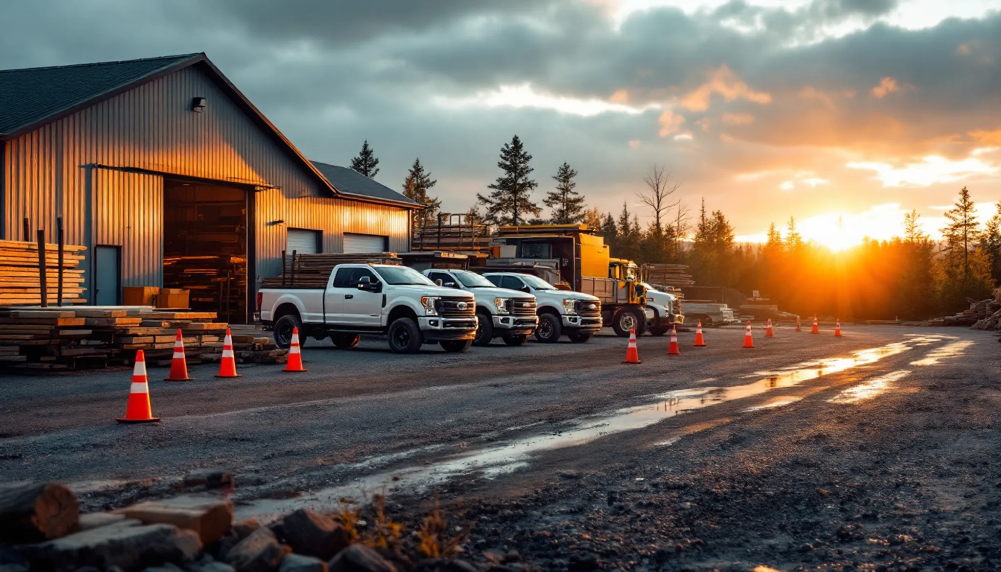 Une cour d'entreprise de construction au Québec : pickups et camion lourd prêts à partir