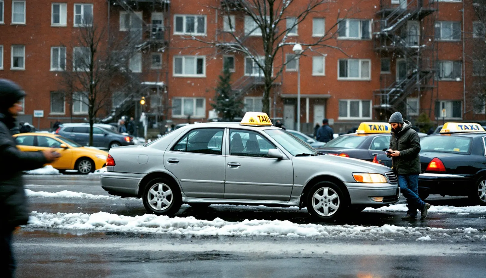 Un poste de taxis dans une rue de Montréal en hiver, chauffeur consultant son téléphone près de sa voiture